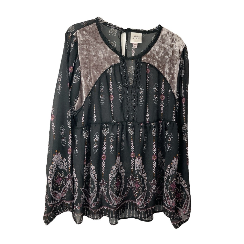 Knox Rose Blouse Size X XL Black Beaded Sheer Velvet Panel Boho